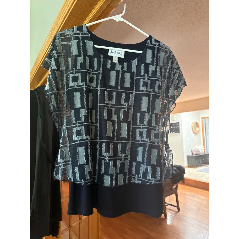 Joseph Ribkoff Navy Blue Silver Geometric Layered Blouse Top Made in Canada 8